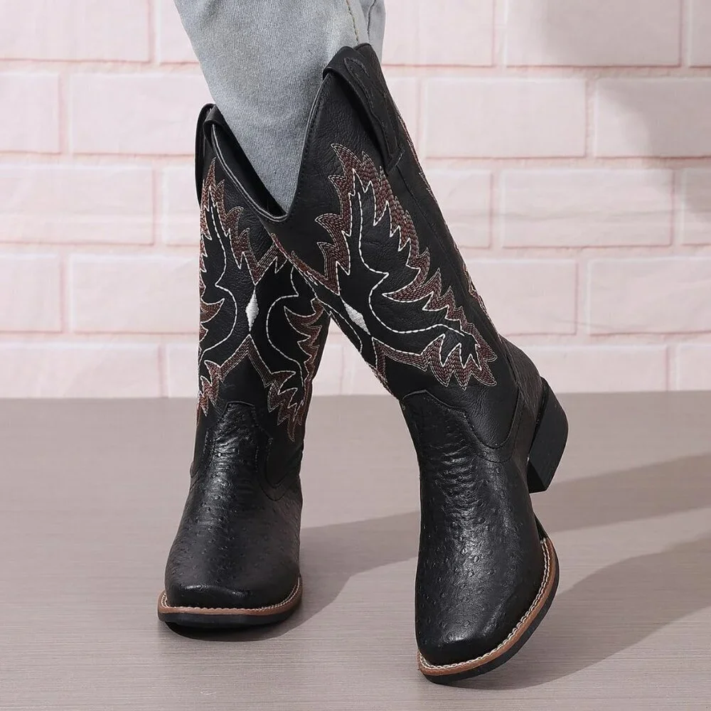 Women Black Western Cowboy Boots for Mid Calf Cowgirl Boot Snip Toe Chunky Heel